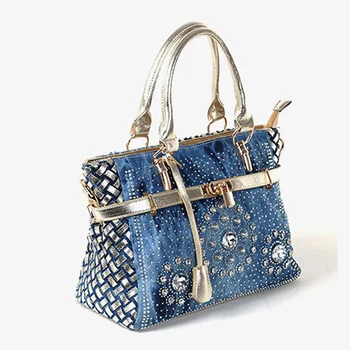 IPinee Sommeren 2017 Mode kvinders håndtaske store oxford skulder tasker, patchwork-jean stil og crystal udsmykning blå taske