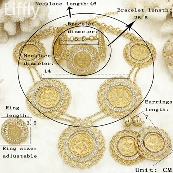Italien Mode Dubai Gold Coin Store Smykker Sæt Charms Lang Kæde Tilbehør Kvinder Bryllup Halskæde Øreringe Armbånd Ring Set