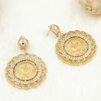 Italien Mode Dubai Gold Coin Store Smykker Sæt Charms Lang Kæde Tilbehør Kvinder Bryllup Halskæde Øreringe Armbånd Ring Set