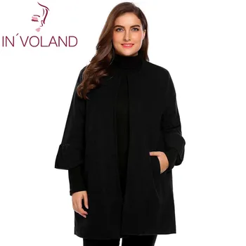 I'VOLAND Plus Size L-4XL Kvinders Parka Coat Efterår og Vinter Flare langærmet Jakke Åben Front Solid Uld Frakke Outwear