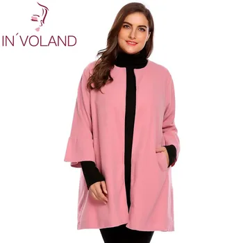 I'VOLAND Plus Size L-4XL Kvinders Parka Coat Efterår og Vinter Flare langærmet Jakke Åben Front Solid Uld Frakke Outwear
