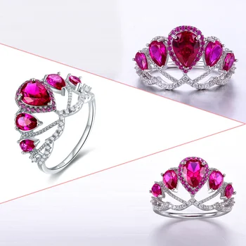 J. C Crown Ægte 925 Sterling Sølv Ring Størrelse 6 7 8 9 Ruby Spinel & Blå Topas Fine Smykker Til Kvinder, Bridal Wedding, Engagement