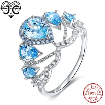 J. C Crown Ægte 925 Sterling Sølv Ring Størrelse 6 7 8 9 Ruby Spinel & Blå Topas Fine Smykker Til Kvinder, Bridal Wedding, Engagement