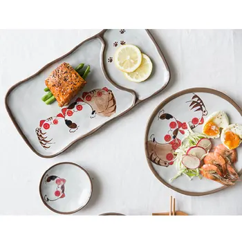 Japansk stil håndlavet kat serie af keramisk bordservice sæt suppe noodle bowl fisk skål familie middag plade sæt engros