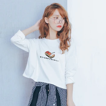 Japansk Tegnefilm Sushi Søde Trykt Hættetrøjer Afslappet Kvinder Med Lange Ærmer Pullover Harajuku Crop Tops Kvinder Kort Sweatshirts