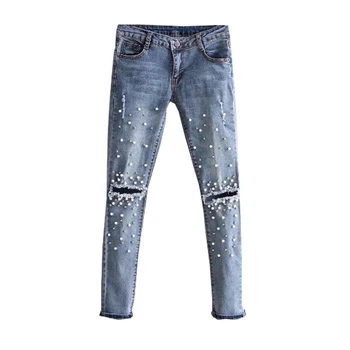Jeans til kvinder Revet Hul Stretch denim bukser Perler, Perle tynde blyant bukser casual-Nitte slanke Bukser Midten af Taljen Cowboy