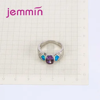 Jemmin Nye Ankomst Mode Geometriske Ring Stor Pouple CZ Crystal 925 Sterling Sølv Bijoux Stilfulde Ocean Blue Opal Ring