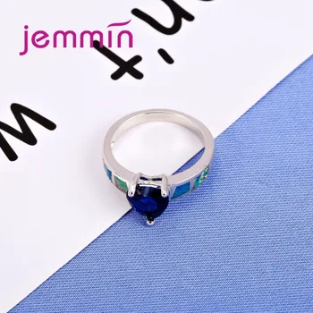 Jemmin Vintage Smykker Elegance Blue Heart Crystal Sky Blå Ild Opal Ring 925 Sterling-Sølv-Smykker til Kvinder Bryllup Brude