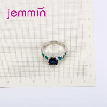 Jemmin Vintage Smykker Elegance Blue Heart Crystal Sky Blå Ild Opal Ring 925 Sterling-Sølv-Smykker til Kvinder Bryllup Brude