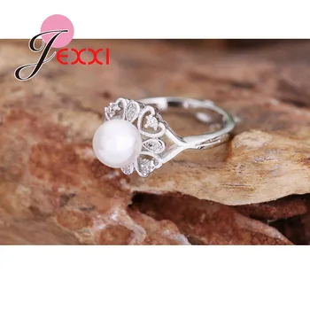 JEXXI 925 Sterling Sølv Hjerte Form Efterligning Perle Bryllup Engagement Ringe For en Kvinde Fashion Finger Ringe Brude Smykker