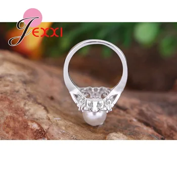 JEXXI 925 Sterling Sølv Hjerte Form Efterligning Perle Bryllup Engagement Ringe For en Kvinde Fashion Finger Ringe Brude Smykker