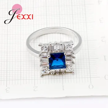 JEXXI Fahion Hvid Blå Zircon Square Crystal Ring 925 Sterling Sølv Ringe For Kvinder, Kvindelige Part Tilbehør