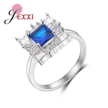JEXXI Fahion Hvid Blå Zircon Square Crystal Ring 925 Sterling Sølv Ringe For Kvinder, Kvindelige Part Tilbehør
