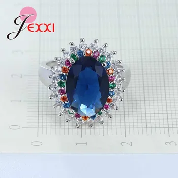 JEXXI Høj Kvalitet 925 Sterling Sølv Ring Prinsesse Blå Krystal Bryllup Ring Mærke Smykker til Elegante Kvinder