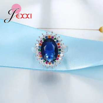 JEXXI Høj Kvalitet 925 Sterling Sølv Ring Prinsesse Blå Krystal Bryllup Ring Mærke Smykker til Elegante Kvinder