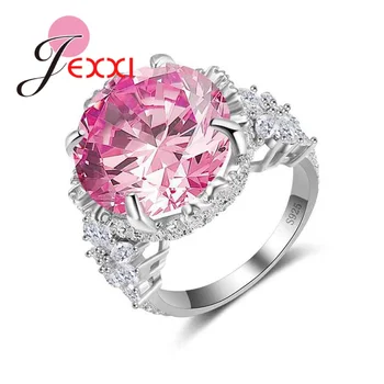 JEXXI Luksus Store Runde Pink Cubic Zirconia Bryllup Fine Ringe 925 Sterling Sølv Kvinder Banket Party Queen Ring Smykker