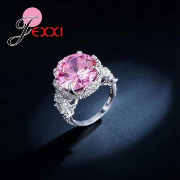 JEXXI Luksus Store Runde Pink Cubic Zirconia Bryllup Fine Ringe 925 Sterling Sølv Kvinder Banket Party Queen Ring Smykker