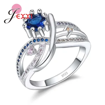 JEXXI Roman Karat Blå Krystal Hule Tværs Design Finger Ringe til Kvinder Bryllup Smykker 925 Sterling Sølv Anel Feminino