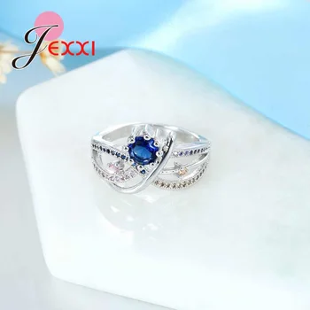 JEXXI Roman Karat Blå Krystal Hule Tværs Design Finger Ringe til Kvinder Bryllup Smykker 925 Sterling Sølv Anel Feminino