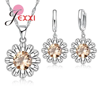 JEXXI Trendy AAA Østrigske Krystal Solsikke Vedhæng i 925 Sterling Sølv Smykker Sæt til Kvinder Bryllup Hoop Øreringe Halskæde