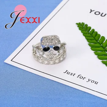 JEXXI Vintage Punk Sorte Øjne Hvid Farve Kranie med Micro Cubic Zircon Ringe 925 sterling-sølv-smykker til Kvinder, Piger Gave
