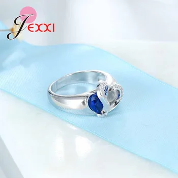 JEXXI Vogue Crystal 925 Sterling Sølv Hjerte Form Blå Cubic Zirconia Ringe Kvinder Smykker Til Fest Engagement Valentine ' s Day