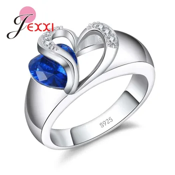 JEXXI Vogue Crystal 925 Sterling Sølv Hjerte Form Blå Cubic Zirconia Ringe Kvinder Smykker Til Fest Engagement Valentine ' s Day