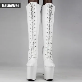 Jialuowei Kvinder sexet mode sko Lace-up Knæ-Høj platform låret høje støvler hvid Stilethæl Zip læder tynd høj hæl støvler