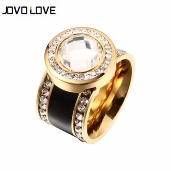 JOVO Mode Kvindelige Kvinder Crystal Ringe Bryllup Bands Sort Farve Rustfrit Stål Ringe til Kvinder Guld Farve CZ vielsesringe