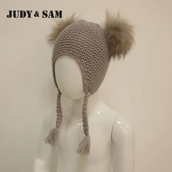 Judy&Sam Ægte Pels Pompom Hat til Børn Earflap Drenge Caps med Dobbelt Pels Pom Pom Strikket Beanie Hatte For Piger