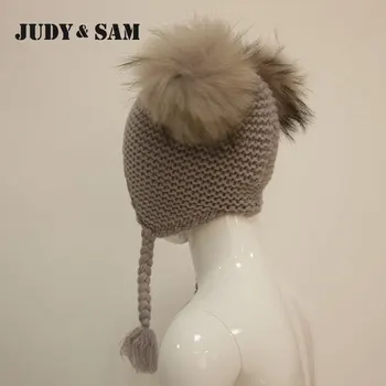 Judy&Sam Ægte Pels Pompom Hat til Børn Earflap Drenge Caps med Dobbelt Pels Pom Pom Strikket Beanie Hatte For Piger