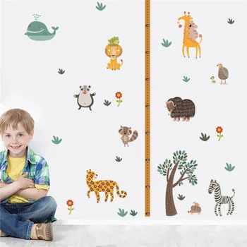 Jungle Wild Forest Zoo Dyr træhøjde Måle Wall Stickers til børneværelset Safari Vækst Chart Plakat Abe, Løve vægoverføringsbillede