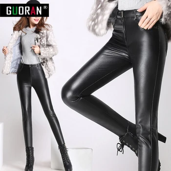 Kausale kvinder læder bukser med høj talje tynde varm tykkere patchwork kontor blyant bukser kvindelige bukser, leggings Plus størrelse 4XL