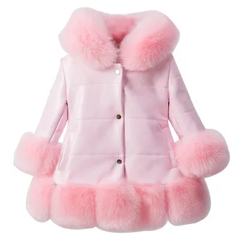 Kids pige PU læder patchwork fox faux pels krave, jakke, frakke ned parkacoats tykkere pels prinsesse vinter overtøj fur frakke