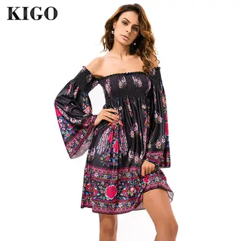 KIGO Sommer Blomster Print Kvinder Sexet Off-Shoulder Kjole, Afslappet Flare Ærmet Boho Kjole Vintage Vestidos Boheme Kjole Ete K2093