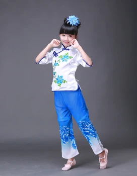 Kinesisk Folkemusik Dans for Børn Dans Tøj Girl Fan trommedans Ku Yangko Danse Klassisk Kostume