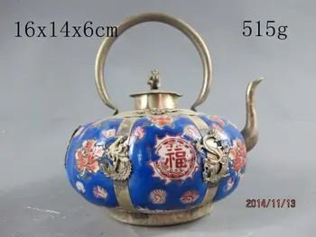 Kinesisk gamle Tibetanske sølv Phoenix Butterfly Blue Keramik Tepotte Have Dekoration ægte Tibetansk Sølv Messing