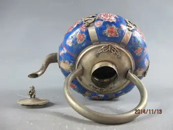 Kinesisk gamle Tibetanske sølv Phoenix Butterfly Blue Keramik Tepotte Have Dekoration ægte Tibetansk Sølv Messing