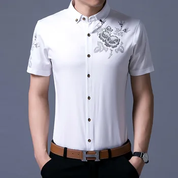Kinesisk stil blomster og fugle mønster print mode slanke mænd shirt til Sommeren nye ankomst kvalitet bomuld kortærmet shirt mænd