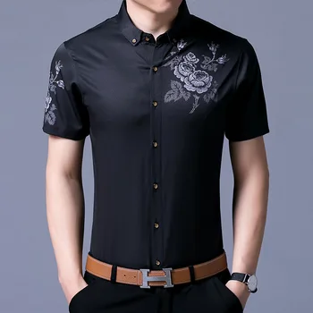 Kinesisk stil blomster og fugle mønster print mode slanke mænd shirt til Sommeren nye ankomst kvalitet bomuld kortærmet shirt mænd