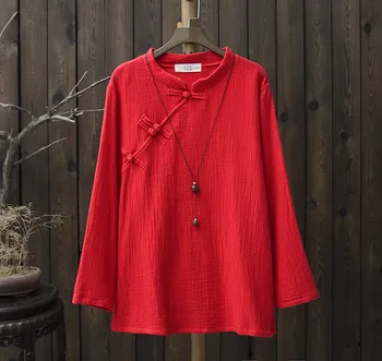 Kinesisk stil Bomuld med Lange ærmer Kvinder Bluse Shirt Efteråret Solid Rød Hvid Casual Bluse Vintage Oprindelige design-Shirt, Toppe B140
