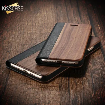 KISSCASE Bambus Læder Flip Case Til iPhone X 6 6S 7 8 Plus Naturlige Træ Beskyttende etuier Til Samsung Galaxy S7 S7 Kant Skaller