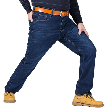 Klassiske Jeans Til Mænd Foråret Efteråret Stor Størrelse Mandlige Høj Kvalitet Elastisk Blå Denim Bukser Lige Strækning Baggy Bukser 44 46 48