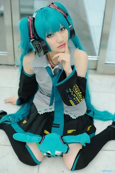 Komplet Sæt Vocaloid Cosplay Hatsune Miku Cosplay Kostume tøj Anime Cosplay harajuku Kostumer(kjole+Socking+gauntlets+slips+bælte)