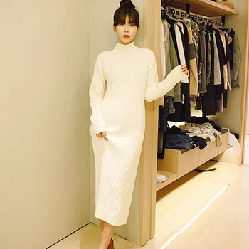 Korea Vinter langærmet Rullekrave Strik Sweater Slanke smukke smukke kvinder oversize løs stor buste størrelse Kjole