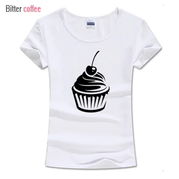 Korean Style Sommer Kvindelige T-shirt Engros Casual Dame Brand Toppe Tee Cherry Cupcake Print Kvinders O-Neck T-Shirts