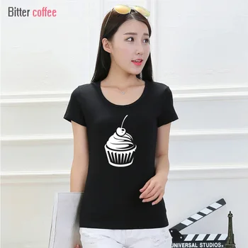 Korean Style Sommer Kvindelige T-shirt Engros Casual Dame Brand Toppe Tee Cherry Cupcake Print Kvinders O-Neck T-Shirts
