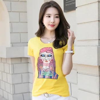 Koreanere Nye 2018 Sommeren Womens Fashion Slank Skønhed Rhinestone Briller Pige T-Shirt, Toppe Kvindelige Afslappet Plus Size 3D-Tegnefilm Shirts