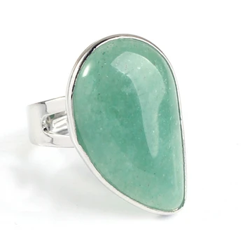 Kraft-perler Ny Stilfuld Sølv Forgyldt Resizable Vand Dråbe Ring Naturlig Grøn Aventurin Finger Ring Mode Smykker