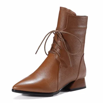 Krazing pot nye vinter mærke sko snøre støvler spids tå tyk med heels i ægte læder bane gamle stil ankel støvler L51